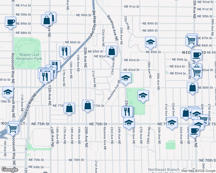 map of restaurants, bars, coffee shops, grocery stores, and more near 2207 Northeast 80th Street in Seattle