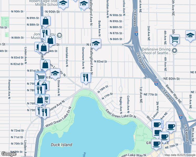 map of restaurants, bars, coffee shops, grocery stores, and more near 7837 Stroud Avenue North in Seattle