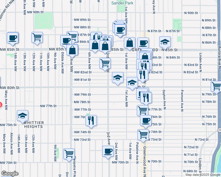map of restaurants, bars, coffee shops, grocery stores, and more near 304 Northwest 79th Street in Seattle
