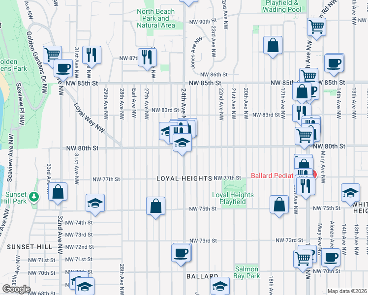 map of restaurants, bars, coffee shops, grocery stores, and more near 24th Ave NW & NW 80th St in Seattle