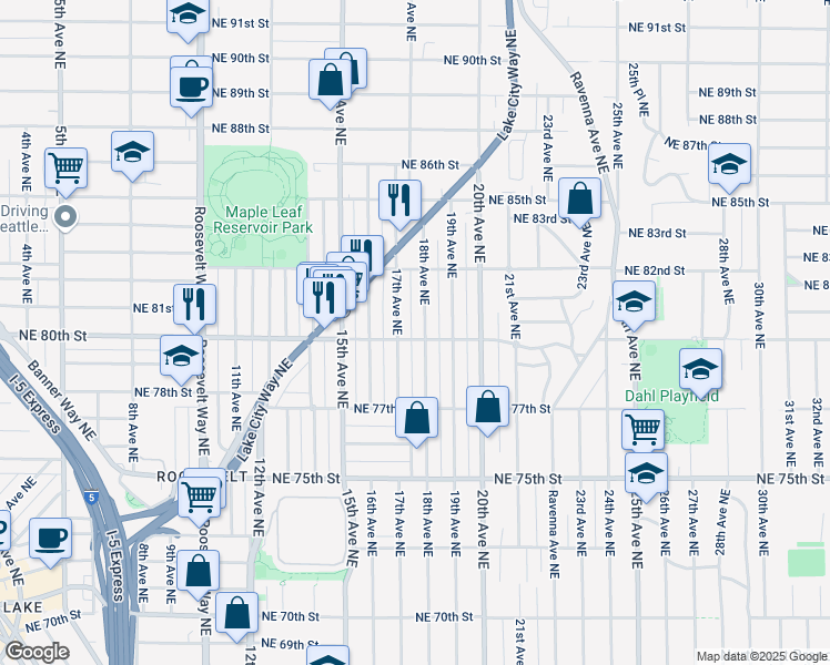map of restaurants, bars, coffee shops, grocery stores, and more near 1701 Northeast 80th Street in Seattle