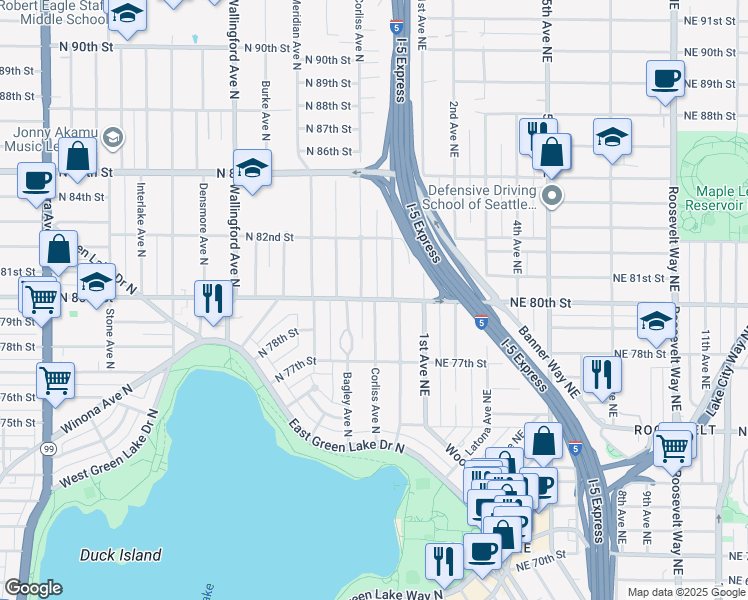 map of restaurants, bars, coffee shops, grocery stores, and more near Corliss Avenue North & North 80th Street in Seattle