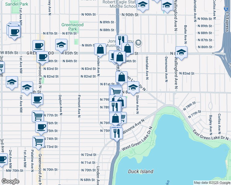 map of restaurants, bars, coffee shops, grocery stores, and more near 949 North 80th Street in Seattle