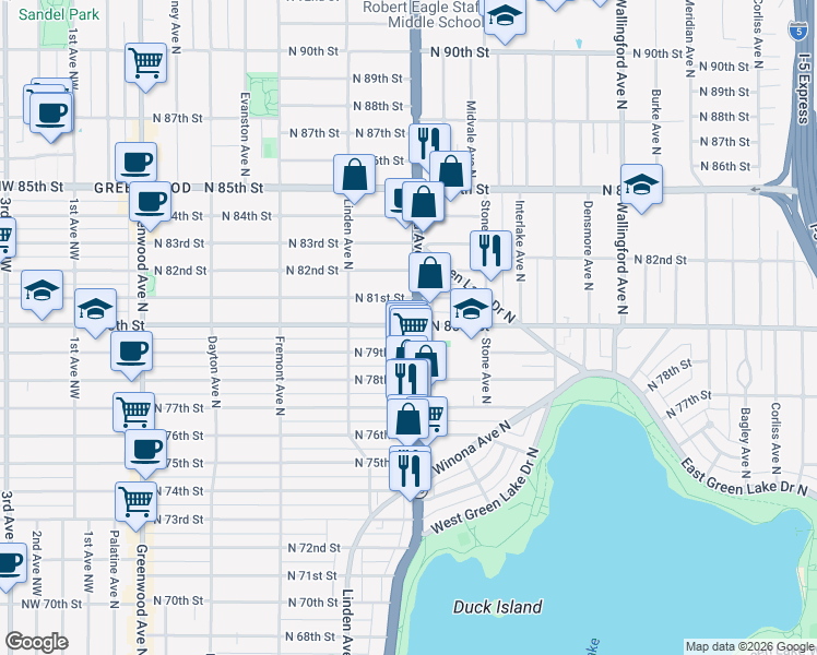 map of restaurants, bars, coffee shops, grocery stores, and more near 7903 Aurora Avenue North in Seattle