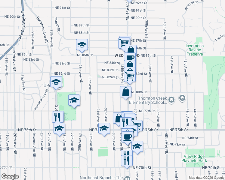 map of restaurants, bars, coffee shops, grocery stores, and more near 3220 Northeast 80th Street in Seattle