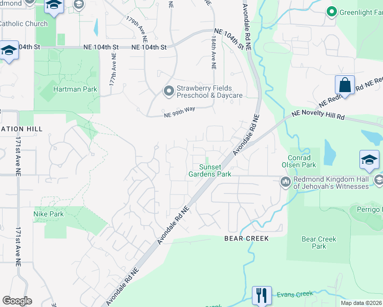 map of restaurants, bars, coffee shops, grocery stores, and more near 18250 Northeast 96th Way in Redmond