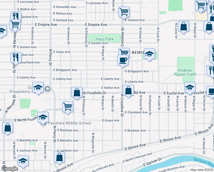 map of restaurants, bars, coffee shops, grocery stores, and more near 1918 East Dalton Avenue in Spokane