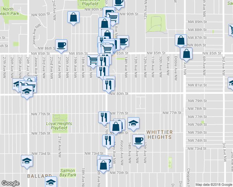 map of restaurants, bars, coffee shops, grocery stores, and more near NW 80th St & Mary Ave NW in Seattle