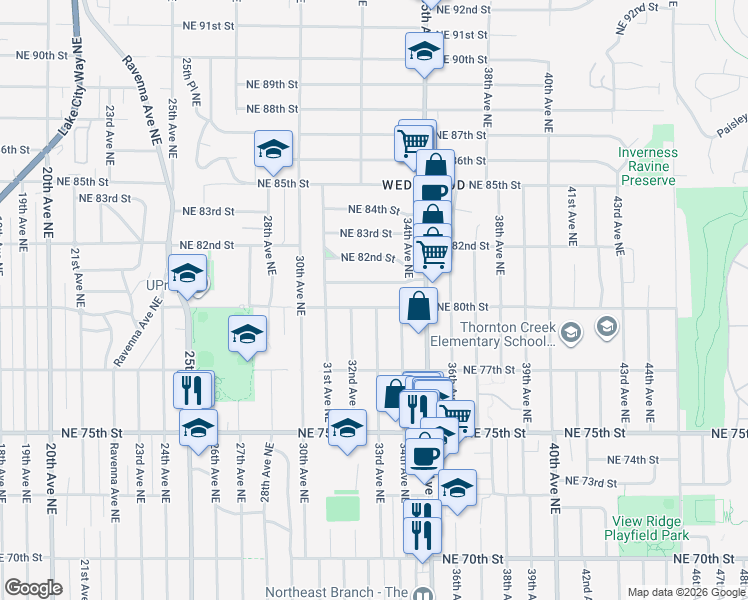 map of restaurants, bars, coffee shops, grocery stores, and more near 3220 Northeast 80th Street in Seattle