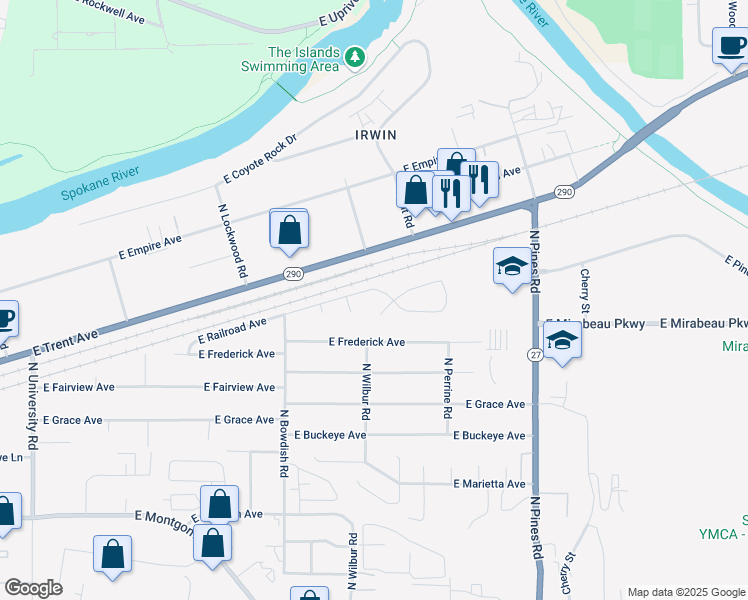 map of restaurants, bars, coffee shops, grocery stores, and more near 11822 East Railroad Court in Spokane Valley