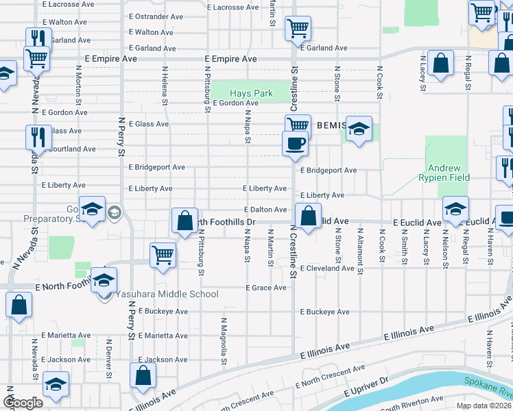 map of restaurants, bars, coffee shops, grocery stores, and more near 1918 East Dalton Avenue in Spokane
