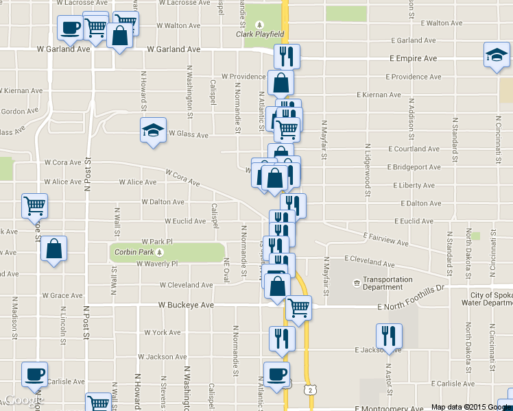 map of restaurants, bars, coffee shops, grocery stores, and more near 104 West Cora Avenue in Spokane