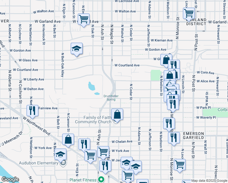 map of restaurants, bars, coffee shops, grocery stores, and more near 3115 North Maple Street in Spokane