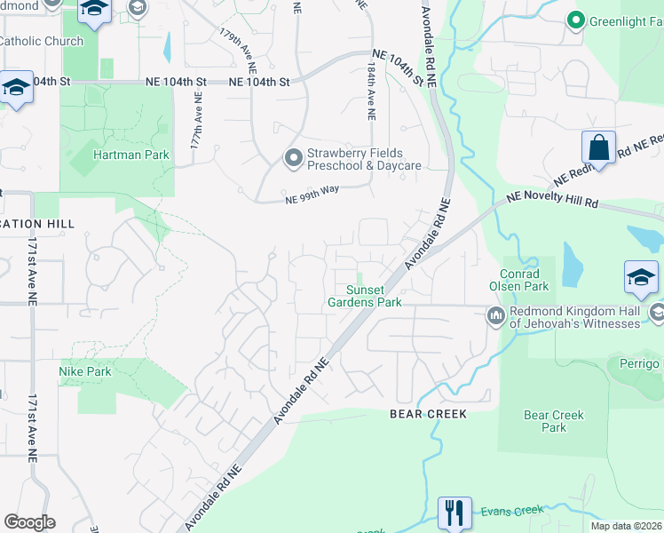 map of restaurants, bars, coffee shops, grocery stores, and more near 18250 Northeast 96th Way in Redmond