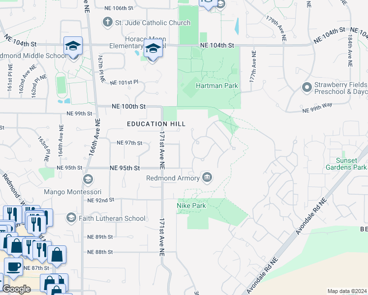 map of restaurants, bars, coffee shops, grocery stores, and more near 9534 172nd Avenue Northeast in Redmond