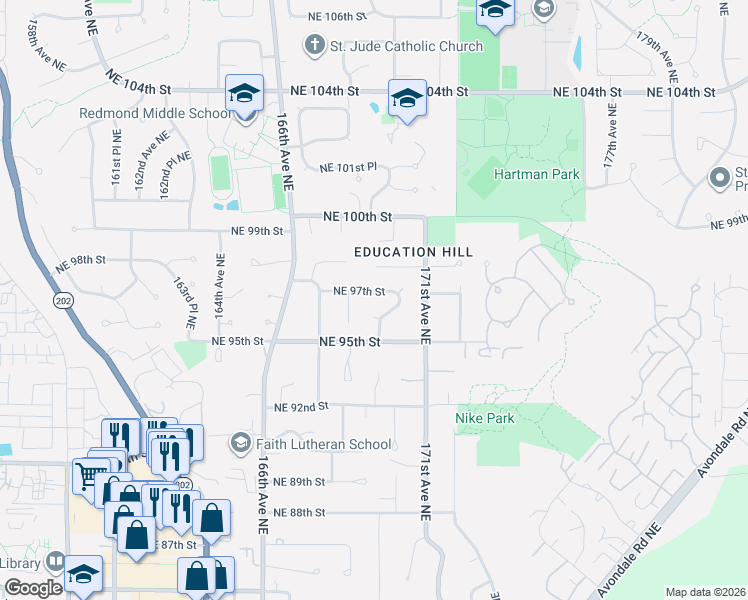 map of restaurants, bars, coffee shops, grocery stores, and more near 9600 168th Avenue Northeast in Redmond