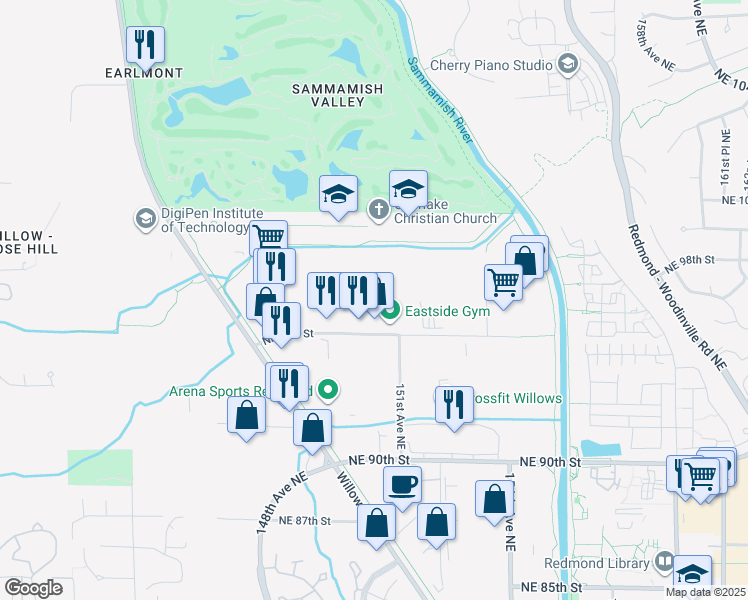 map of restaurants, bars, coffee shops, grocery stores, and more near 15020 Northeast 95th Street in Redmond