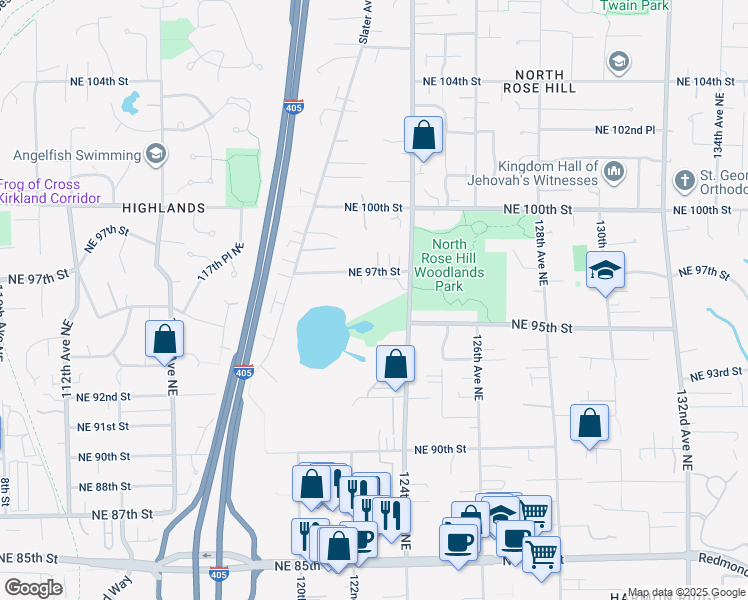 map of restaurants, bars, coffee shops, grocery stores, and more near 12307 Northeast 97th Street in Kirkland
