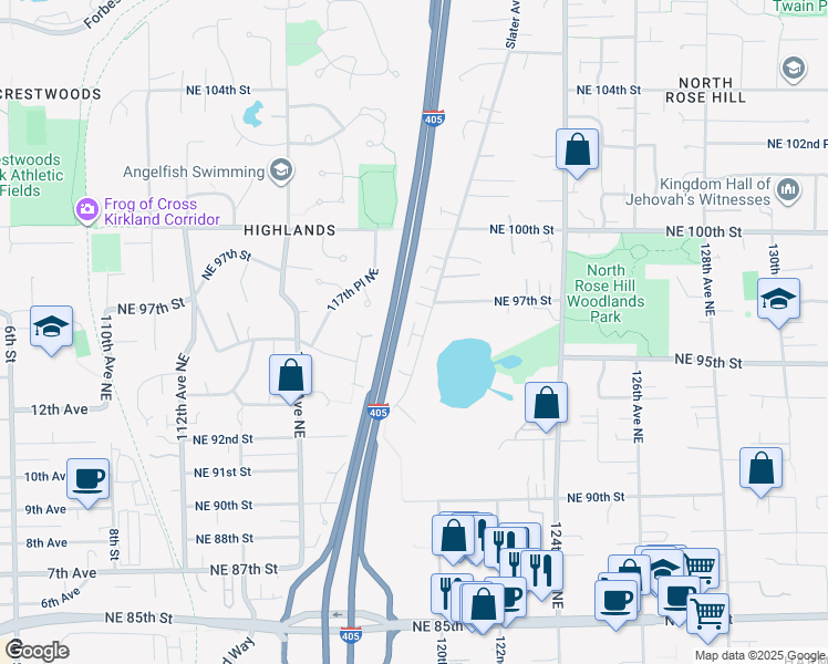 map of restaurants, bars, coffee shops, grocery stores, and more near 9520 Slater Avenue Northeast in Kirkland
