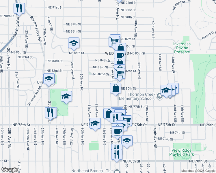map of restaurants, bars, coffee shops, grocery stores, and more near 7755 34th Avenue Northeast in Seattle