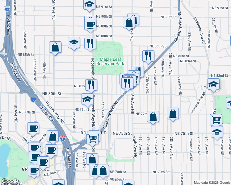 map of restaurants, bars, coffee shops, grocery stores, and more near 1211 Northeast 80th Street in Seattle