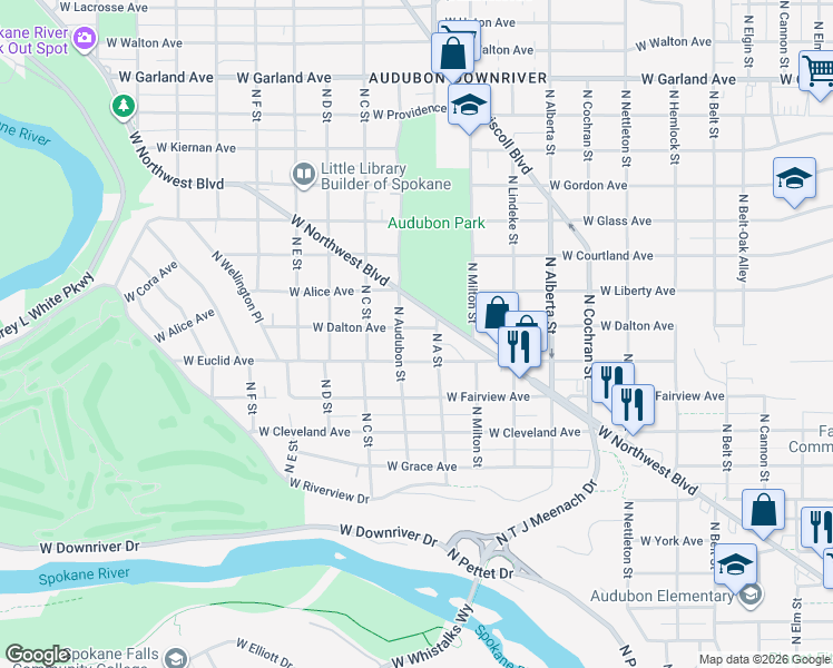 map of restaurants, bars, coffee shops, grocery stores, and more near 2917 West Dalton Avenue in Spokane