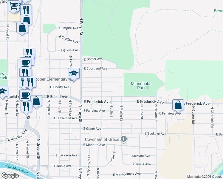 map of restaurants, bars, coffee shops, grocery stores, and more near 3917 East Euclid Avenue in Spokane
