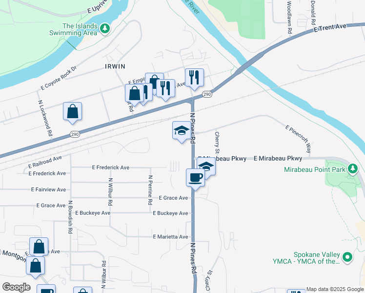 map of restaurants, bars, coffee shops, grocery stores, and more near 3303 North Pines Road in Spokane Valley
