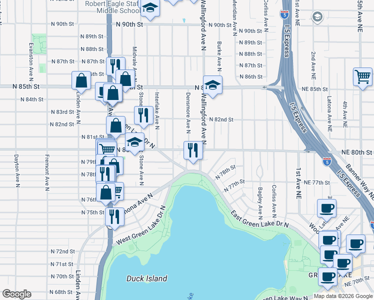 map of restaurants, bars, coffee shops, grocery stores, and more near N 80th St & Densmore Ave N in Seattle