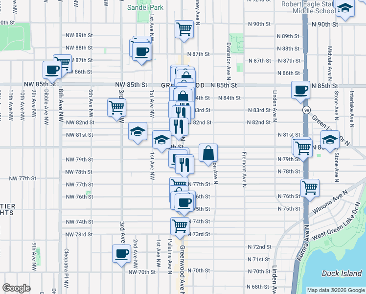 map of restaurants, bars, coffee shops, grocery stores, and more near Greenwood Avenue North & North 80th Street in Seattle