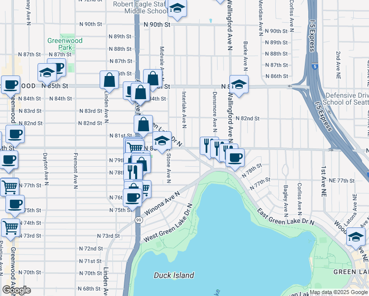 map of restaurants, bars, coffee shops, grocery stores, and more near 4455 Interlake Avenue North in Seattle