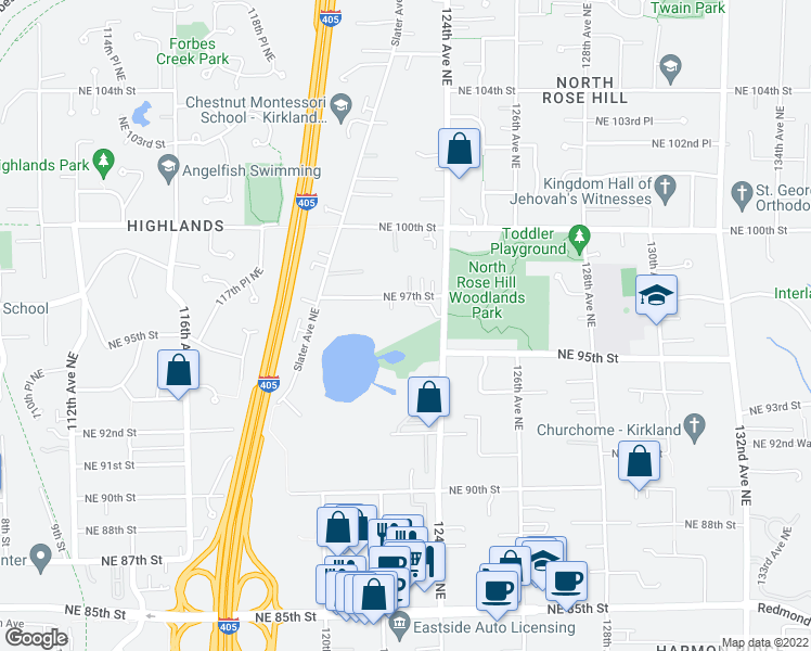 map of restaurants, bars, coffee shops, grocery stores, and more near 12307 Northeast 97th Street in Kirkland