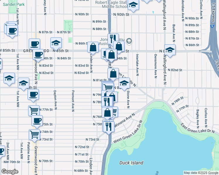 map of restaurants, bars, coffee shops, grocery stores, and more near Aurora Avenue North & North 80th Street in Seattle