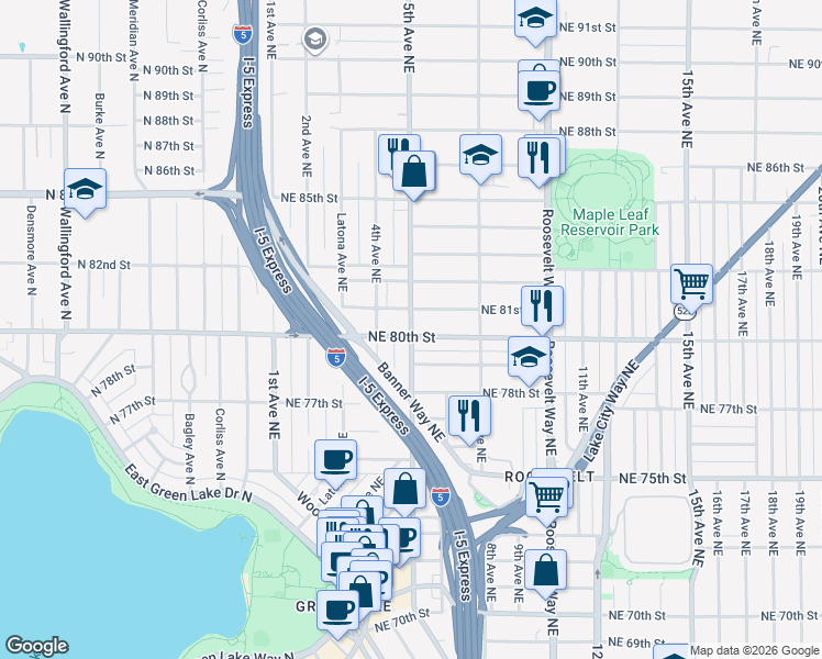 map of restaurants, bars, coffee shops, grocery stores, and more near 5th Avenue Northeast in Seattle