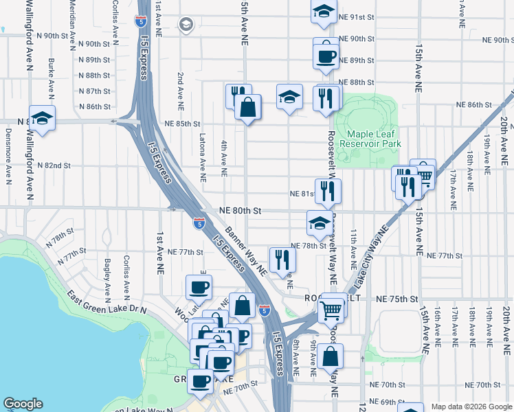 map of restaurants, bars, coffee shops, grocery stores, and more near 514 Northeast 80th Street in Seattle