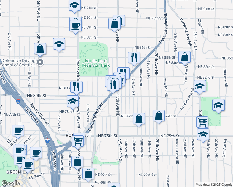 map of restaurants, bars, coffee shops, grocery stores, and more near 1409 Northeast 80th Street in Seattle
