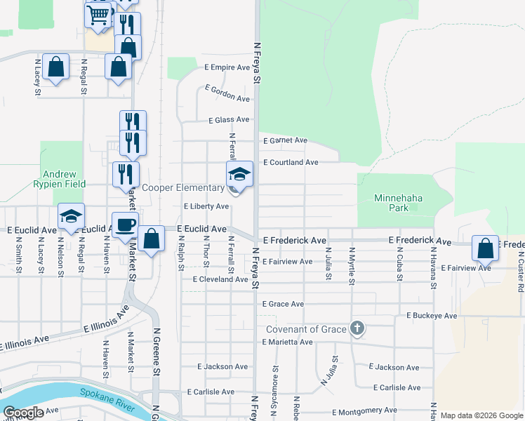 map of restaurants, bars, coffee shops, grocery stores, and more near 3608 East Liberty Avenue in Spokane