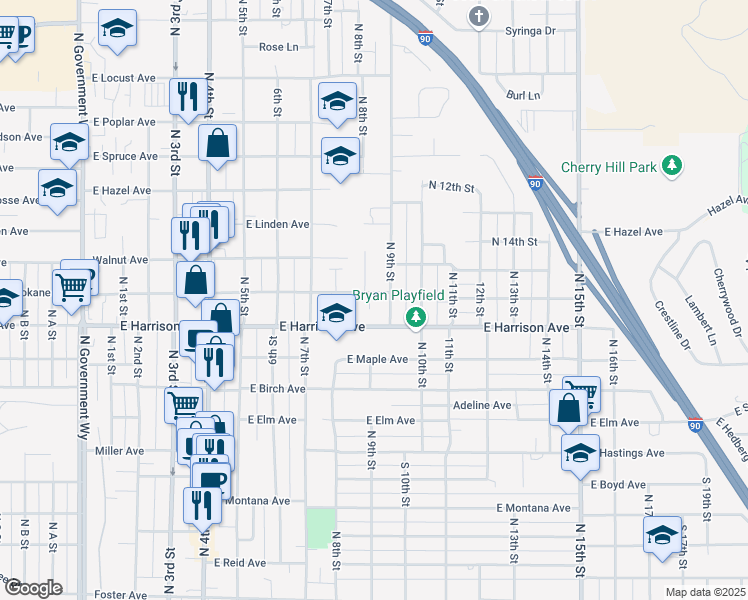 map of restaurants, bars, coffee shops, grocery stores, and more near 1205 North 9th Street in Coeur d'Alene