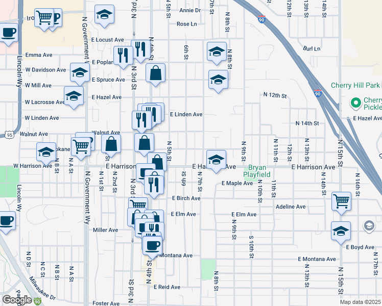 map of restaurants, bars, coffee shops, grocery stores, and more near 1207 6th Street in Coeur d'Alene