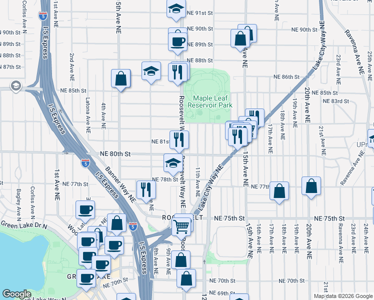 map of restaurants, bars, coffee shops, grocery stores, and more near in Seattle
