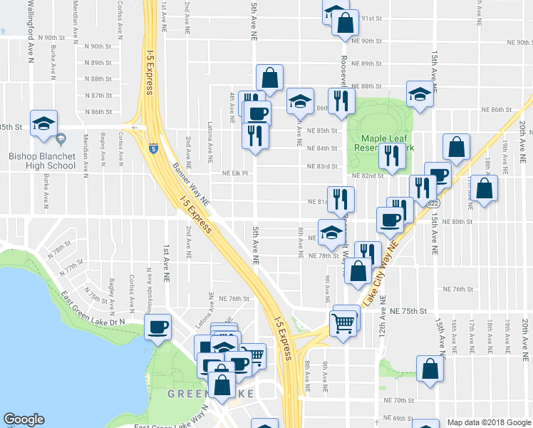 map of restaurants, bars, coffee shops, grocery stores, and more near 523 Northeast 80th Street in Seattle