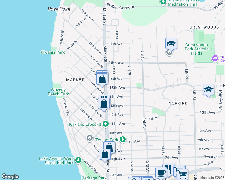 map of restaurants, bars, coffee shops, grocery stores, and more near 25 15th Avenue in Kirkland