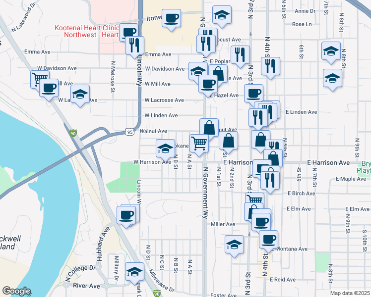 map of restaurants, bars, coffee shops, grocery stores, and more near 361 West Harrison Avenue in Coeur d'Alene