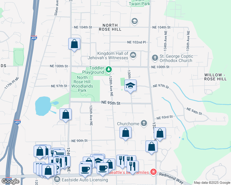 map of restaurants, bars, coffee shops, grocery stores, and more near 9525 130th Avenue Northeast in Kirkland
