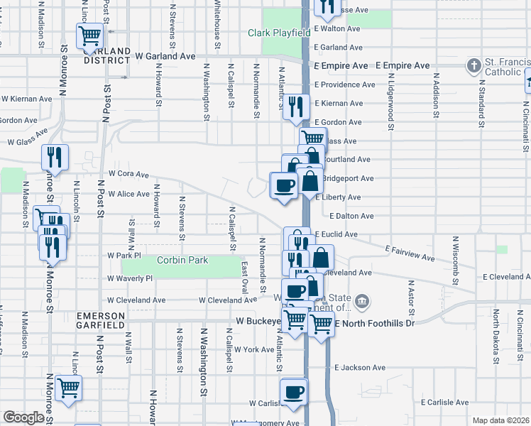 map of restaurants, bars, coffee shops, grocery stores, and more near 134 West Euclid Avenue in Spokane