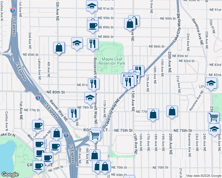 map of restaurants, bars, coffee shops, grocery stores, and more near 8011 12th Avenue Northeast in Seattle