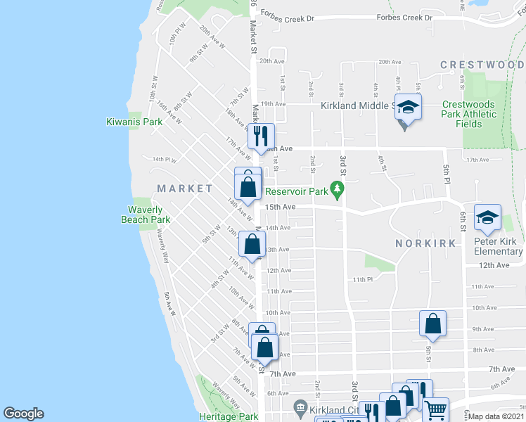 map of restaurants, bars, coffee shops, grocery stores, and more near 1418 Market Street in Kirkland