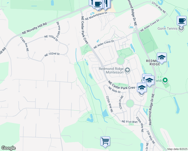 map of restaurants, bars, coffee shops, grocery stores, and more near 9901 223rd Avenue Northeast in Redmond