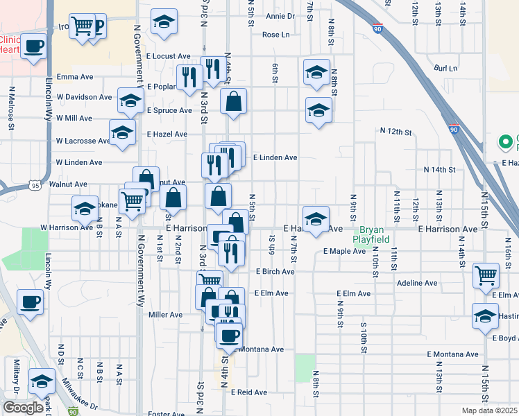 map of restaurants, bars, coffee shops, grocery stores, and more near 1212 North 4th Street in Coeur d'Alene