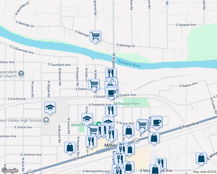 map of restaurants, bars, coffee shops, grocery stores, and more near 3212 North Hutchinson Road in Millwood